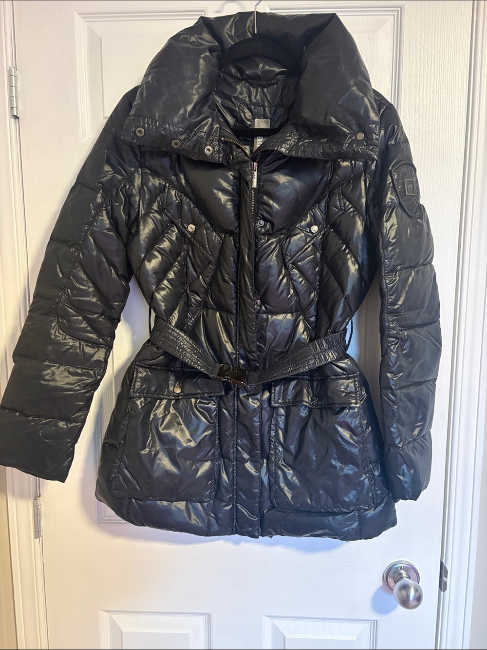 add Down Black Quilted Puffer Jacket with Belt - Women
